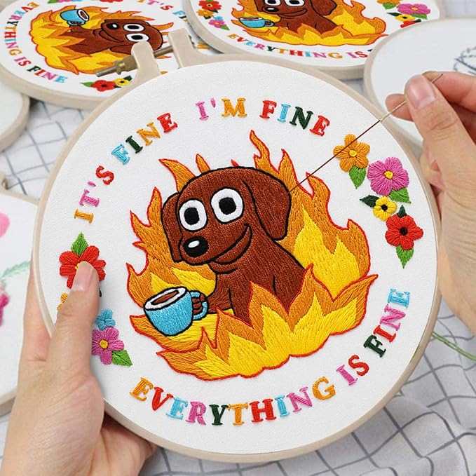 Nuberlic Cute Dog Embroidery Kits for Beginner Adults Cross Stitch Kit with Funny Animal Pattern Include Cloth Hoops Threads Needles