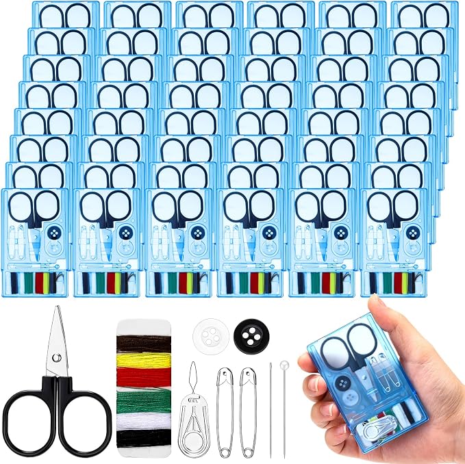 Knitgrip 50 Boxes Mini Travel Sewing Kit Quick Fix Sewing Kits Bulk, Blue