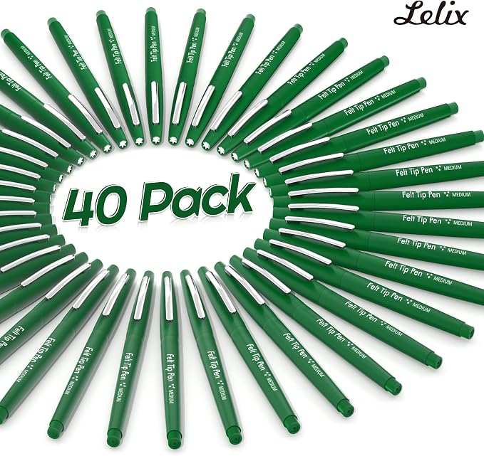Lelix Felt Tip Pens, 40 Green Pack, 0.7mm Medium Point, Felt Tip Markers Pens for Journaling, Writing, Note Taking, Planner, Perfect for School Office and Art Supplies