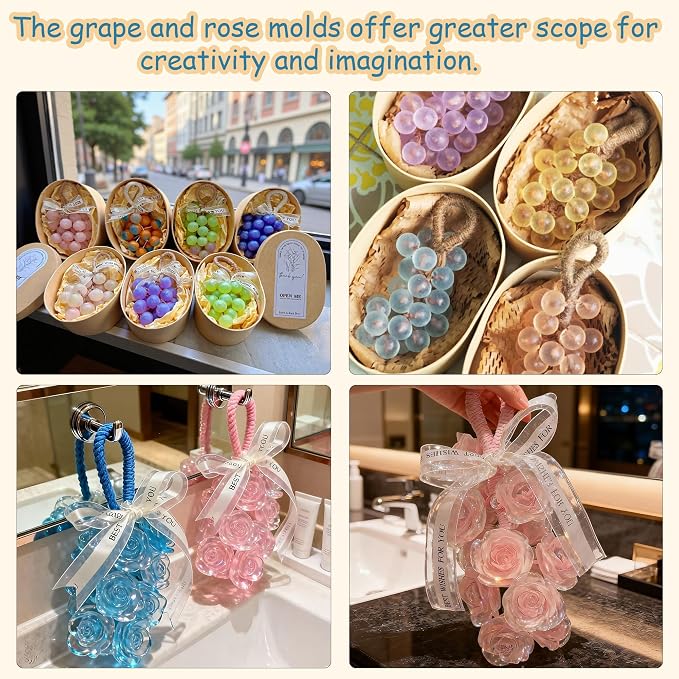 Soap Making Kit with 2 Silicone Molds (Grape & Rose), Gift Bags, Gift Tags, Ribbons & Jute Twine - 26 Pcs DIY Craft Set,Mold for Handmade Soap Making Gift - Idea for Adults & Crafters