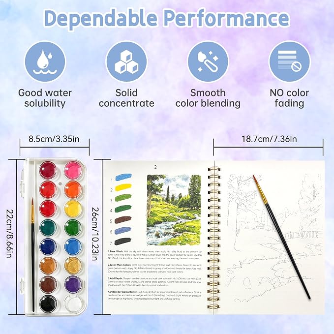 Watercolor Workbook, 16 Colors Watercolor Books Paint Set for Adults Teens