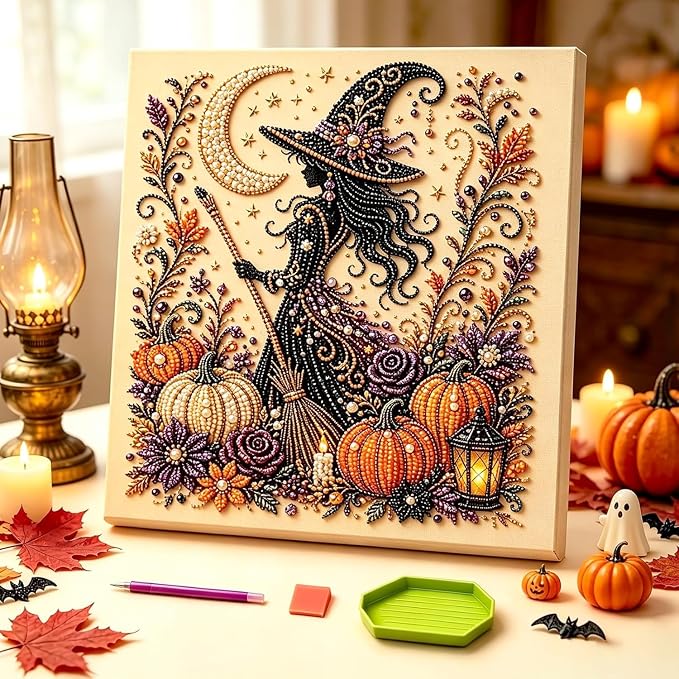Irsnianianfa Halloween Pearl Art Kit for Adults,Diamond Art Painting Crafts Kit,Spooky Cute Witch & Pumpkin Canvas Art,DIY Fall Home Decor & Wall Art (A-01)