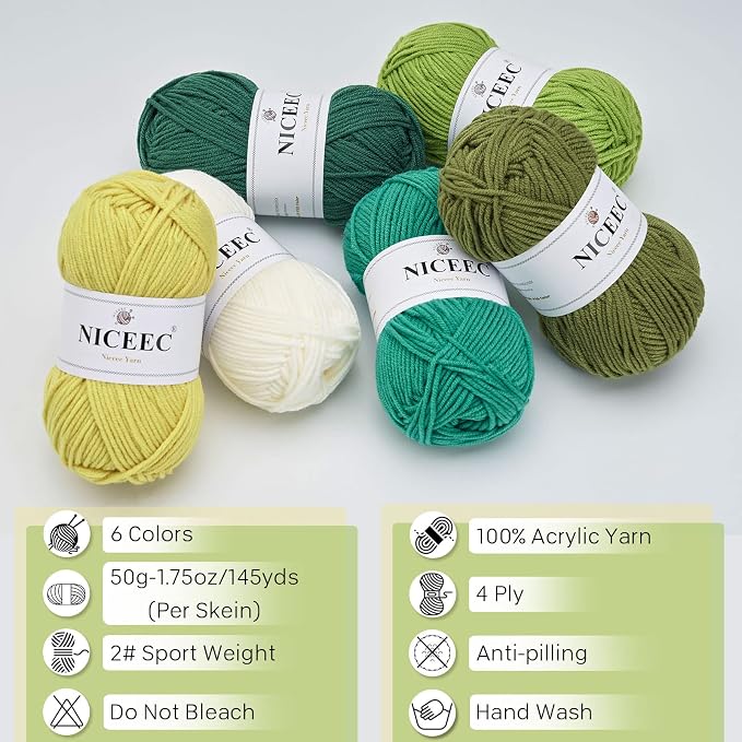 NICEEC 300g Soft Assorted Colors Yarn 100% Acrylic 870yds -Green Series