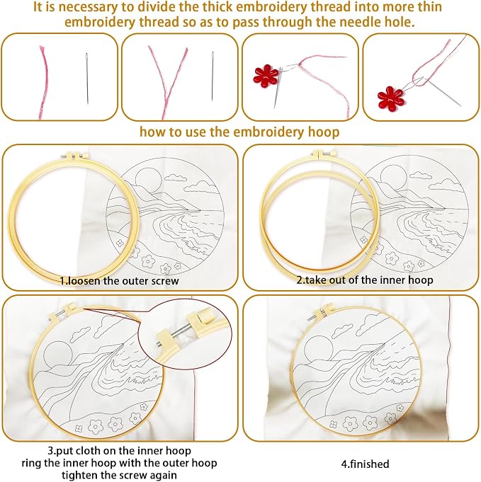 BEUNITONE 4 Set Embroidery Kit for Adults Beginner with Hoops & Instruction | Easy to Learn Landscape Stamped Embroidery Patterns, Includes Multiple Accessories, Gift for Craft Lovers Relaxation