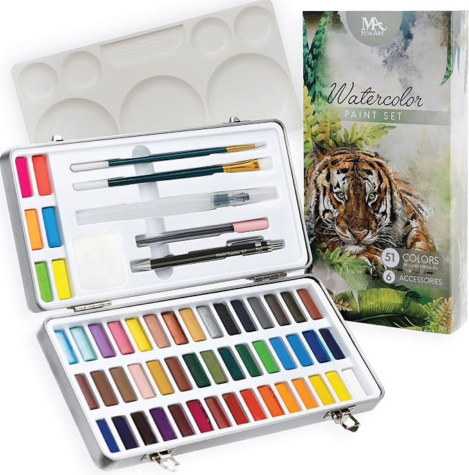 MozArt Supplies - Watercolor paint set 51 Vibrant Colors + accessories - For beginners & professionals | Complete Non-Toxic Watercolor Art Kit – 36 Classic, 9 Metallic, 9 Neon – Portable Metal Box & 7 Accessories for Artists