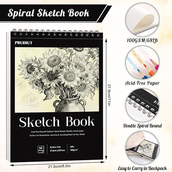 Sketch Book 8.5 × 11, Spiral Bound, 50 Sheets, Acid-Free Drawing Pad | Acid-Free 68lb Paper, Perforated Pages, Lays Flat, Dry Media for Students & Artists