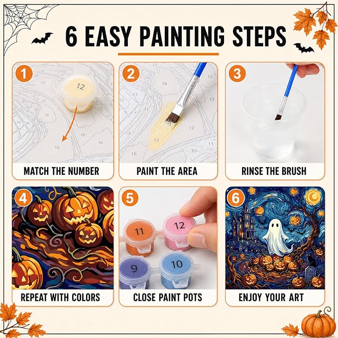 Mandun Halloween Ghost Paint by Numbers Kit for Adults, 16x16 inch | DIY Painting Kits Crafts for Adults, Relieve Stress, Frame Canvas, Wooden Easel, Gift Box, Home Wall Decor