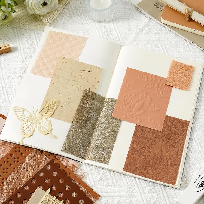 50 Sheets Unique Handmade Textured Scrapbook Paper & Mesh Fabric set - Junk Journal Supplies Craft Paper for Scrapbooking Journaling Supplies for Junk Journal Retro Crafts（Brown）