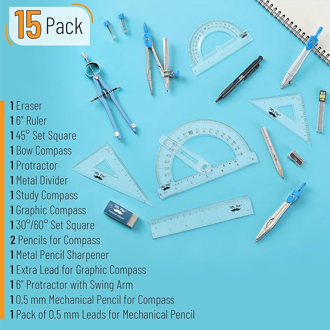 Mr. Pen- Geometry Set, 15 pcs, Blue, 6 Inch Swing Arm Protractor, Divider | Set Squares, Ruler, Compasses and Protractor