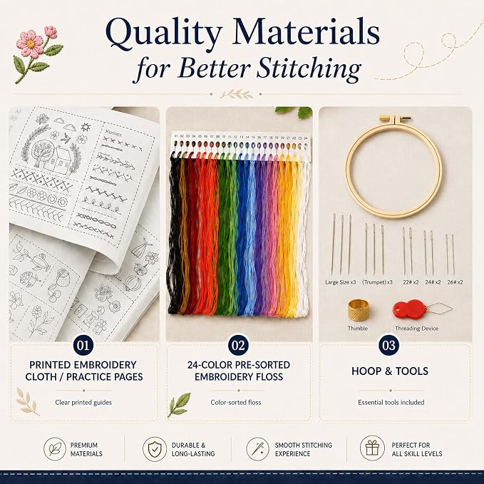 Zhenqing Embroidery Stitch Kit for Beginners, Stitch Practice Sampler Book with 200+ Patterns, Pre-Printed Fabric, Hoop, Threads, Needles & English Guide, DIY Needlework Learning Set
