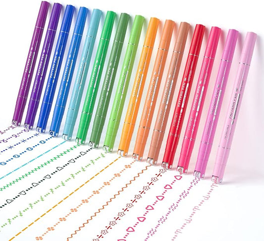 15 Colors Curve Highlighter Pens Set, 15 Different Shapes Dual Tip Markers, Cool Pens for Journal Planner Scrapbook Office Supplies
