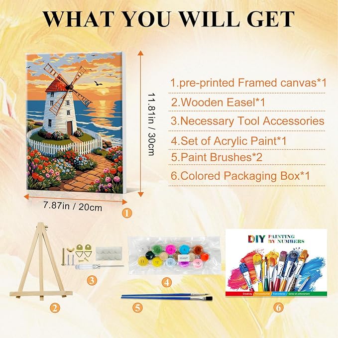 SparkGlow Windmail Paint by Number Kits for Adults with Frame, 8×12 Inch | Sunset Landscape Painting by Numbers, Premium Materials, Fun and Relax, Include Easel, Number Painting for Gift, Home Decor