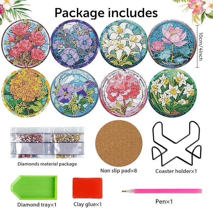 Diamond Art Coasters Kits, 8 Pcs Flowers Diamond Painting Coasters Kits