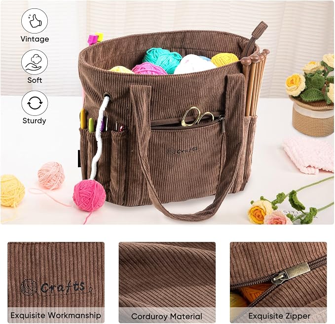 MYBAGZING Corduroy Crochet Bag 11.5" Large Yarn Storage Tote with Grommets, Needle Holders – Knitting Bag Organizer for Crochet Hooks, Accessories, Tools & Projects –Gift for Knitters & Crafters