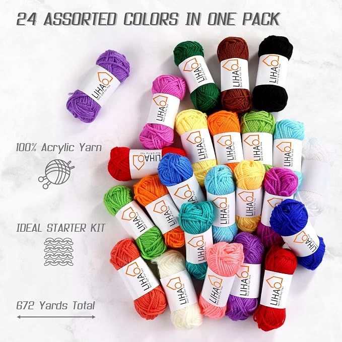 LIHAO 24 Acrylic Yarn Skeins for Knitting Mini Yarn Assorted Colors | 100% Acrylic, 24 Assorted Colors, 15g Mini Skeins, Crochet Crafts, DIY Projects