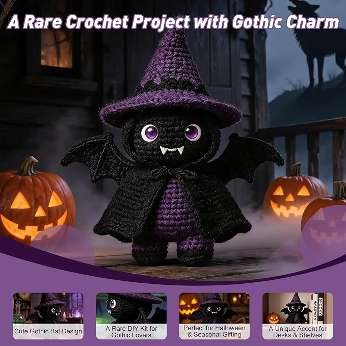Morcolplus Bat Crochet Kit for Adults, Intermediate Gothic Amigurumi Crochet Kit with Step-by-Step Video Tutorials and All Materials Included, Gothic Room Decor Gift
