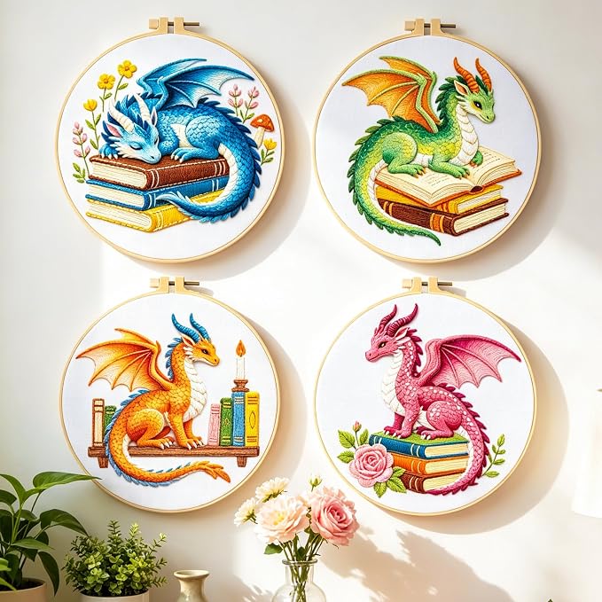 BEUNITONE 4 Set Embroidery Kits for Beginners with Dragon Pre-Print Patterns, DIY Craft Kits Include Instructions and 2 Embroidery Hoops, Cross Stitch Needlepoint Kits for Craft Lover and Home Decor