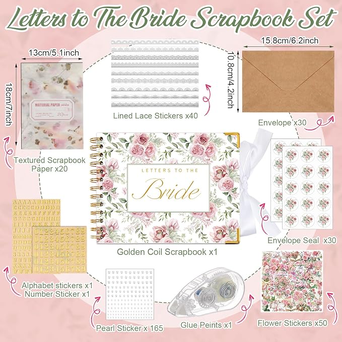 Letters to Bride Scrapbook,8.5 X 7 Inch,Rose Style,Pink