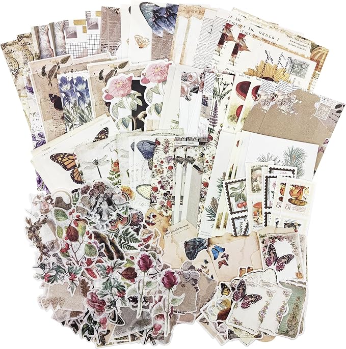 Retro Scrapbook Supplies Kit, 200 Mixed Natural Color Paper and Stickers