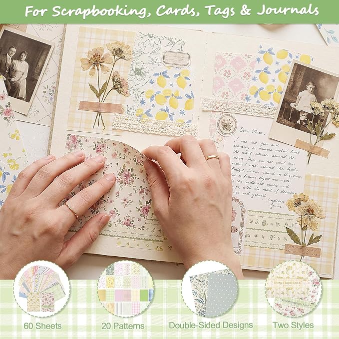 BESARME Scrapbook Paper, 60 Sheets, Double-Sided Floral, 5.5 x 8.3 in | 20 patterns, vintage floral designs, easy to cut and fold, for scrapbooks, cards, journals, DIY crafts