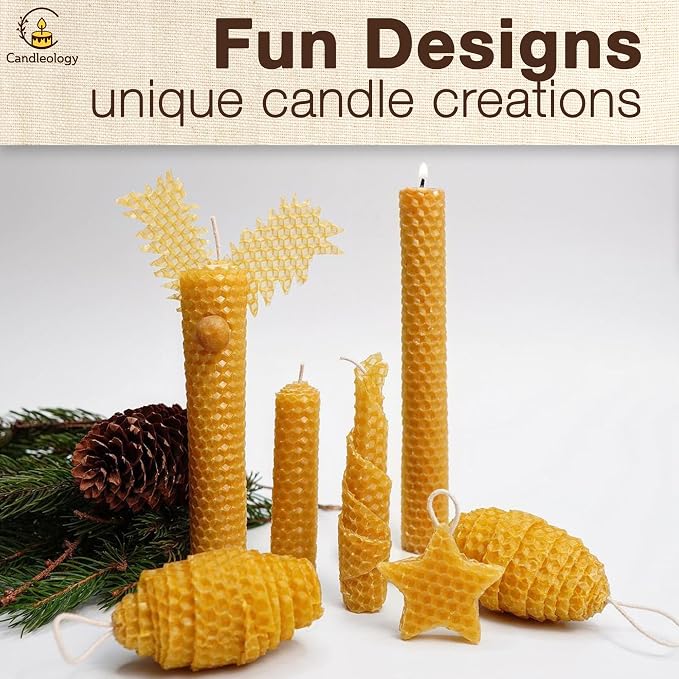 Natural Beeswax Sheets for Candle Making (10-Sheet Pack with Cotton Wicks) Natural Yellow Tone - DIY Beeswax Candle Rolling Kit for Kids & Adults