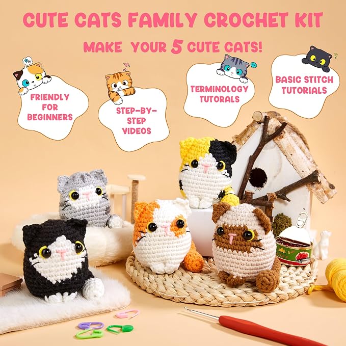 MAGIMUSE Crochet Kit for Beginners, 5 Cat Crochet Amigurumi Craft Kit