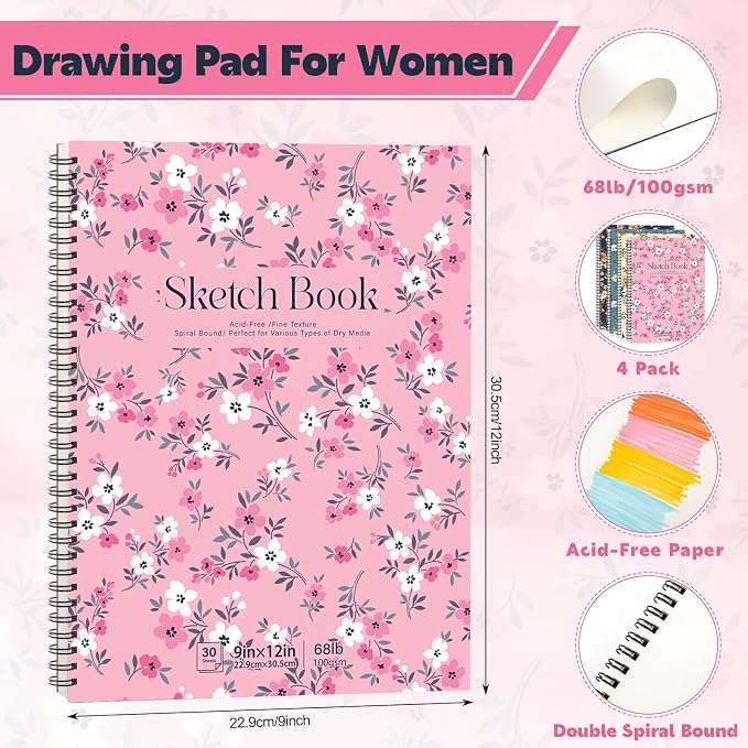 4 Pack Sketch Book 9 × 12 in, Spiral Bound, 30 Sheets, Acid Free | 100gsm Paper, Hardcover with Rigid Backing, Lay-Flat Spiral, for Pencil, Charcoal, Ink And Sketching