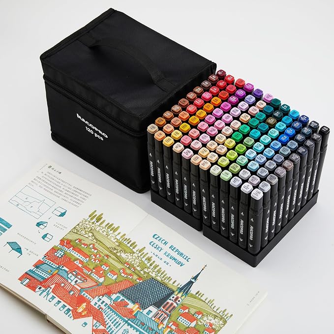 Alcohol Markers, 120 Colors Dual Tip Art Coloring Markers Set for Adult Book Drawing Sketching Painting, Chisel & Fine, Black Penholder(120)