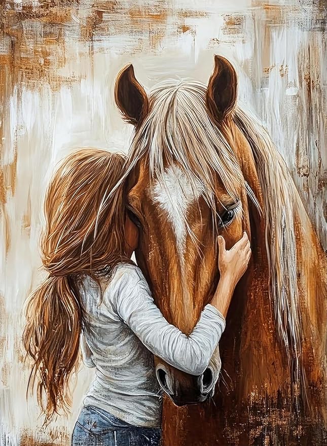 Girl Hugging Chestnut Horse Paint by Numbers Kit for Adults Beginner | Vintage Adult Paint by Number Kits on Canvas, Funny DIY Acrylic Oil Easy Painting by Numbers for Home Wall Decor&Gift12X16 in