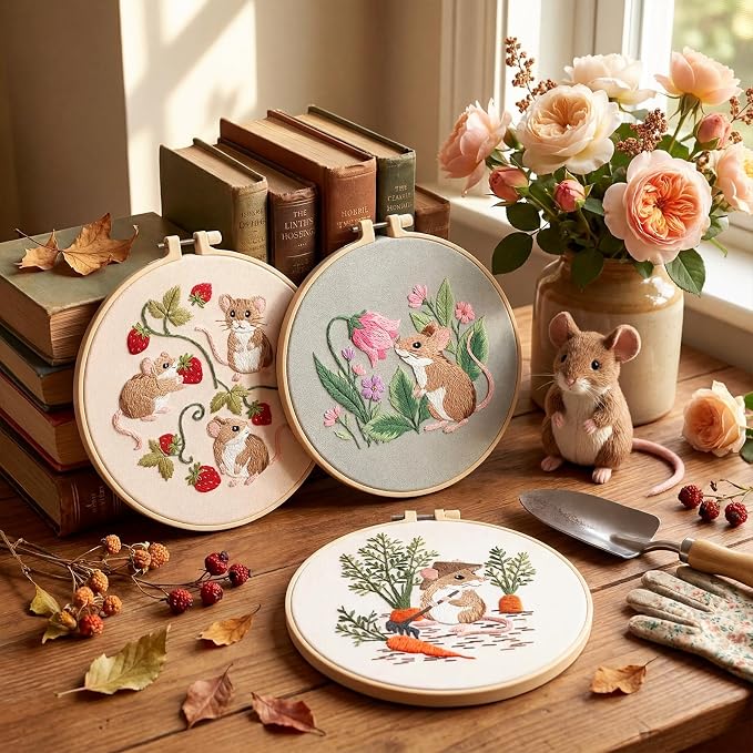 Mindsoft 3 Set Needlepoint Kit for Beginners with Hoop,Garden Mouse | Bamboo Hoop Thread Needles Instructions, Easy Hand Embroidery for Beginners Home Crafts,Pre-stamped Funny Cute Designs