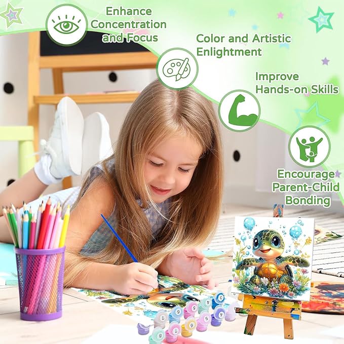 cviokrdu Turtle Paint by Numbers Kit for Kids with Frame - Wooden Easel, Sea Turtle Paint by Numbers for Kids Ages 4 8 12, Easy Acrylic Oil Painting Kits for Home Wall Decoration 8x8 inch