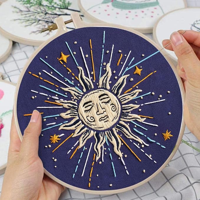 Louise Maelys 3 Pack Tarot Sun Moon Embroidery Kit for Beginners Celestial | Cross Stitch Kit for Adults, Complete Starters DIY Needlepoint Kit with Sun Moon Star Evil Eye Pattern and Instructions