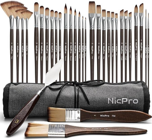 Nicpro 32pcs Paint Brush Set, Professional Paintbrushes with Paint Spatula and Cloth Roll Case, Craft Paint Brushes for Acrylic Painting, Oil, Watercolor, Gouache, Art Supplies for Artists Beginners