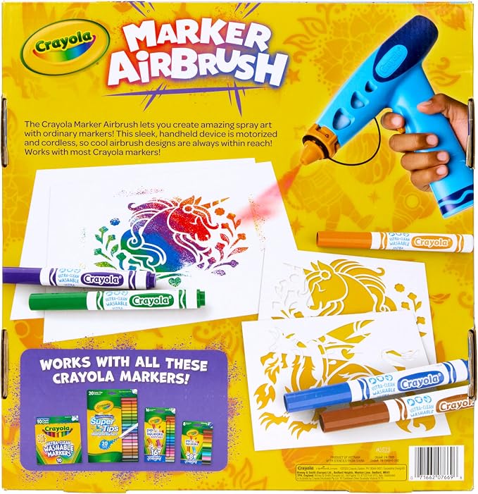 Crayola Marker Airbrush Spray Art Kit, 8 Washable Markers, 5 Stencils