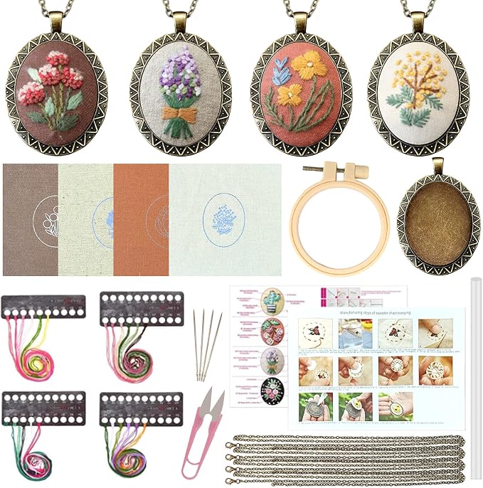 ZOCONE 4 Packs Embroidery Necklace Kits, Embroidery Pendant Kit Mini Cross Stitch Kit with 4 Hoops, Necklace, Pendant, Stamped Pattern Cloth, Instructions, etc., Embroidery Kits for Adults