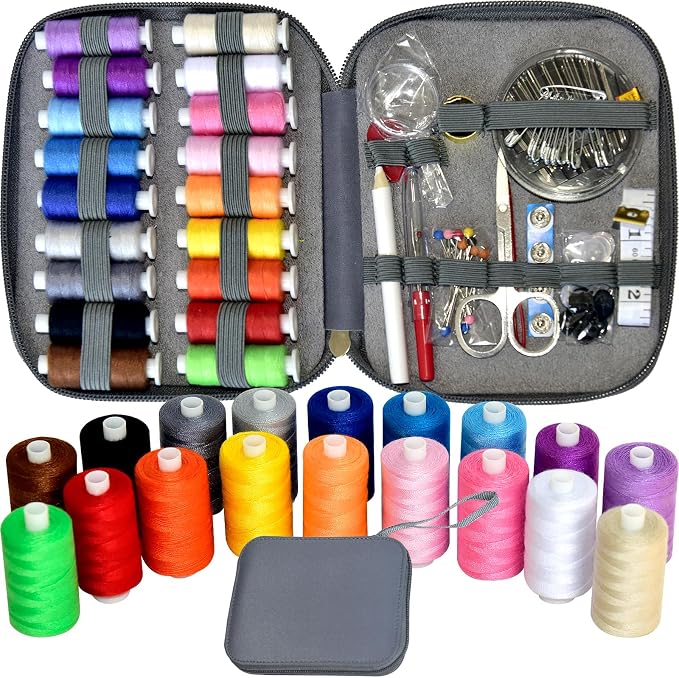 Sewing Kit with Case Portable Sewing Supplies for Home Traveler, Adults, Beginner, Emergency, Contains 18 Sewing Thread, Scissors, Needles, Measure etc (Grey）