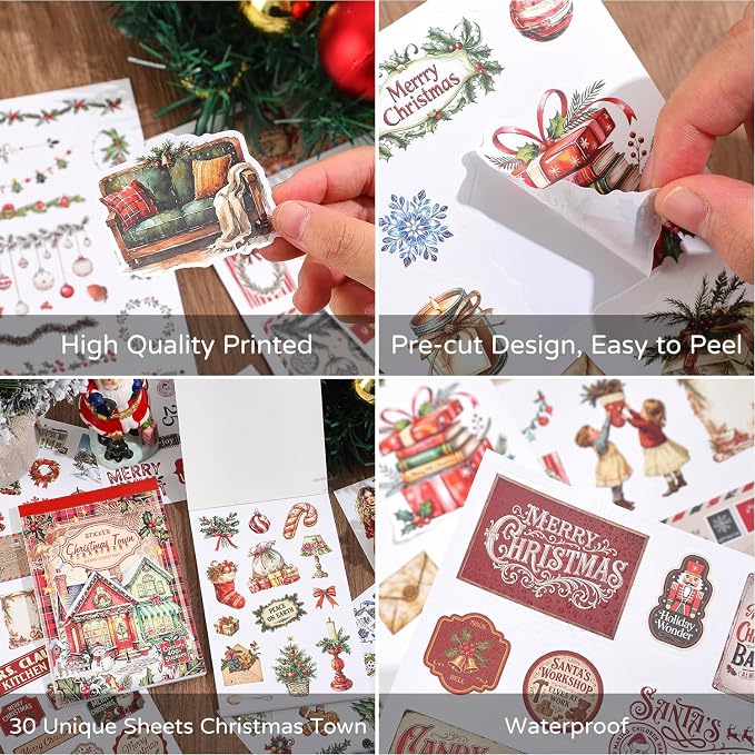 400+ Christmas Waterproof Vinyl Sticker Book, Cute Christmas Aesthetic Stickers for Kids, Funny Stickers for Adults, Holiday Planner Stickers for Journaling, Scrapbooking, Santa Snowman Reindeer Gifts