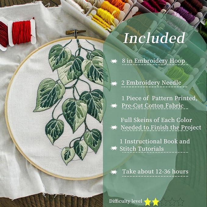 FONNUY Green Plants Embroidery Kit, Cross Stitch Kits for Beginners, Handmade Crafts with Printed Patterns for Beginner Adults, Easy to Follow Color Thread Needlework, 8'' Hoop (Drooping Leaves)