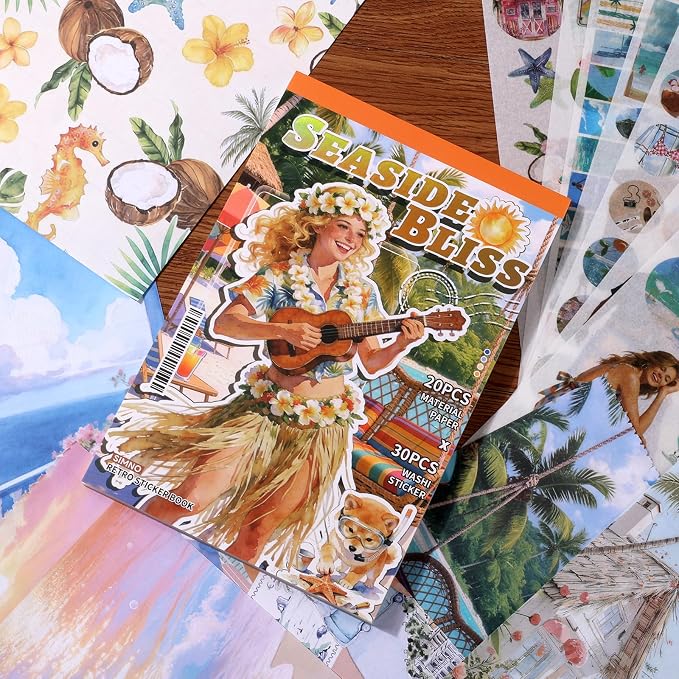 Scrapbooking Stickers 300 Pre-Cut Washi Stickers & 20 Scrapbook Papers Summer Beach Sticker journaling Supplies People Sticker Books for journaling