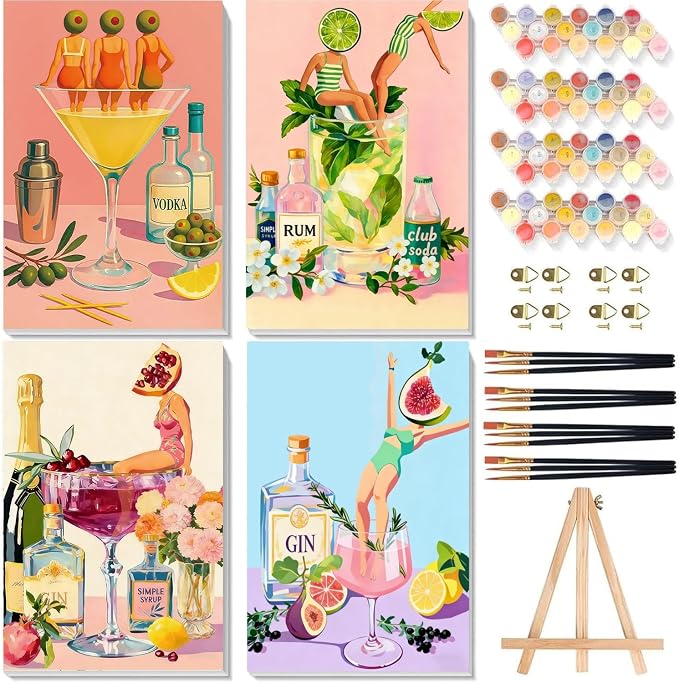 4 Pack Cocktail Paint by Numbers for Adults with Framed Canvas 8x12 inch | Cocktail Adult Paint by Number Kits on Canvas with Wooden Easel, DIY Acrylic Oil Painting by Numbers for Gift Home Decor