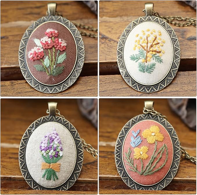ZOCONE 4 Packs Embroidery Necklace Kits, Embroidery Pendant Kit Mini Cross Stitch Kit with 4 Hoops, Necklace, Pendant, Stamped Pattern Cloth, Instructions, etc., Embroidery Kits for Adults