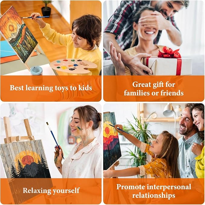 4 Pack Framed Paint by Numbers Kit for Adults with Wooden Easel - Sunset Landscape Paint by Numbers with Frame for Beginners, Adult Paint by Number Kits Framed Canvas for Home Decor Gift 8x12 Inch