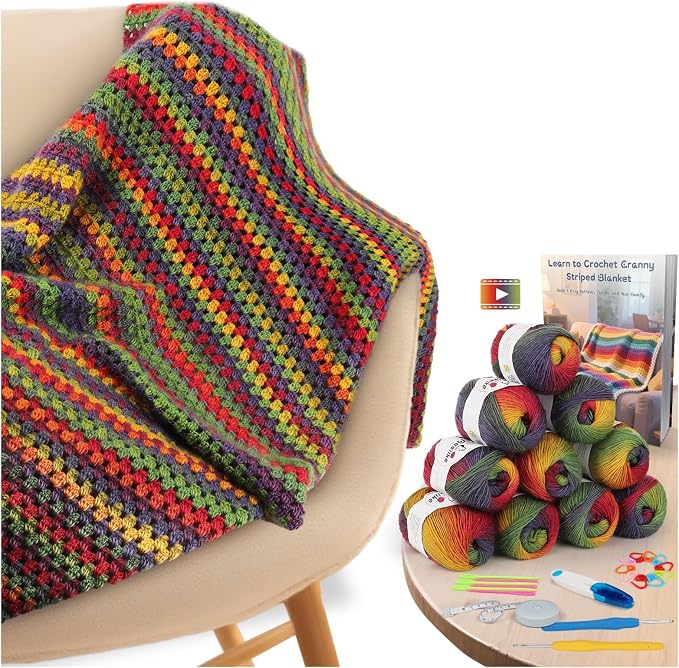 Aeelike Crochet Blanket Kit for Adults,Vedio Tutorial,Wool Yarn 10 Skeins