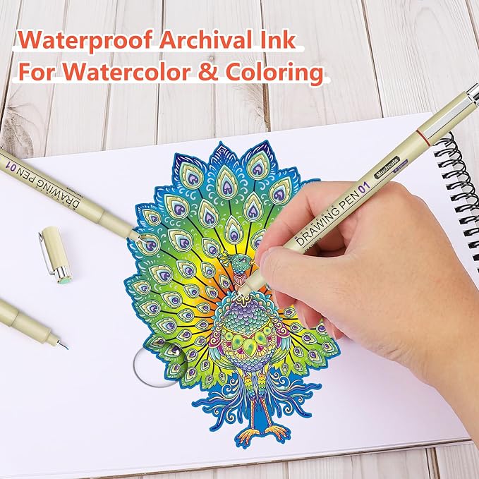 Muchcute 01 Micro Fineliner Drawing Art Pen,12 Colors 0.25mm No Bleed Bible | Waterproof Colored Fine liner Smooth Extra Fine Point, Journal Zentangle Study Supplies, Ultra Line Needle Tip Thin Gel Felt