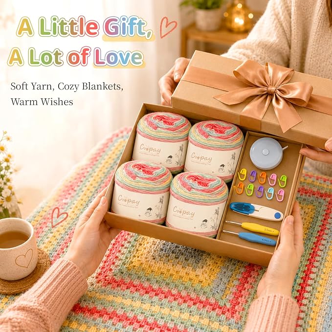 Coopay Crochet Kit for Beginner Crochet Blanket Kit w/Step-by-Step Tutorial | Granny Square Blanket kits with 600g Crochet Yarn, Hooks & Complete Tools, Crochet Blanket Kit Gift for Adults & Beginners