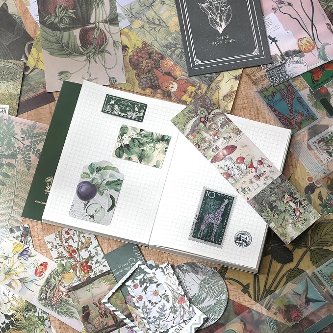 Scrapbook Photo Album Supplies Kit with Tweezers and Glue Tape, Green Aesthetic Vintage Junk Journal Scrapbooking Paper, Sticker Pack, Notebook Craft Supplies, DIY Gift for Adult Men Women (Wild Dome)