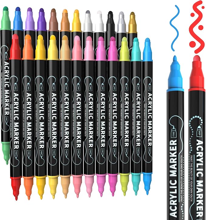 nauets 24 Colors Precision Dual Tip Acrylic Paint Markers Pens - Dot & Fine | Works on Rock, Wood, Fabric, Canvas, Glass, Scrapbook, Paper, Ceramic, Egg, DIY Craft Art Gift - Classroom & School Supplies