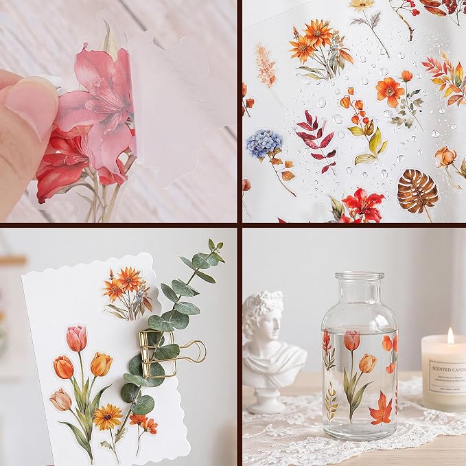80 Pcs Fall Stickers Natural Autumn Scrapbooking Stickers Transparent Flower Sticker Pack for Scrapbooking Supplies Water Bottles Laptop Journals Phone Cases Notebooks DIY Decor