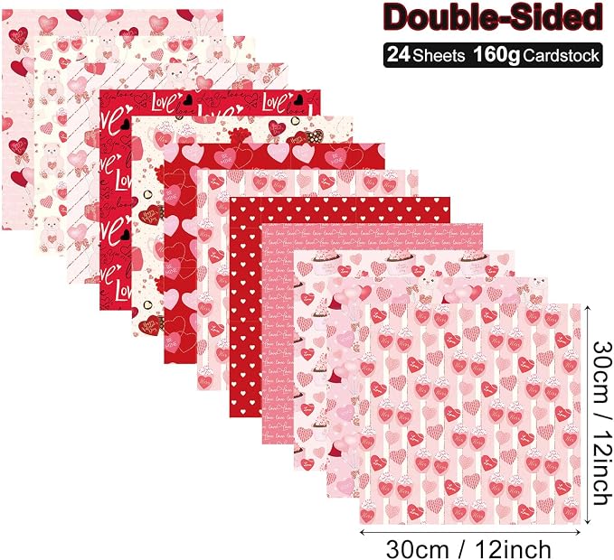 Valentine's Day Scrapbook Paper Pad Pink Red Love Heart Patterned Paper 12×12，24 Sheets Scrapbook CardStock Papers Pad for Holiday Cardmaking DIY Origami Decorative Craft Papers.