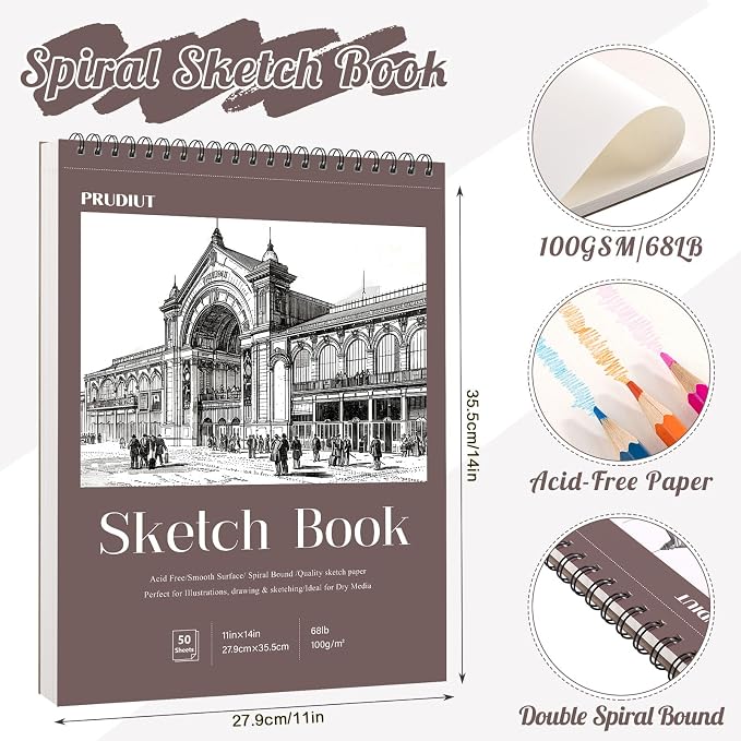 11×14in Sketch Book, Spiral Bound, 50 Sheets, Acid-Free Drawing Paper | 68lb/100gsm Paper, Perforated Pages, 360° Spiral, Hard Backing Board, for Pencil, Charcoal, Pastel, Crayon